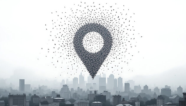 Starlings in murmuration forming a tall, loose, locator icon-like shape over a foggy, blurred cityscape in the foreground 