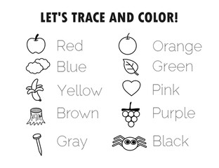 A printable black and white worksheet for kids to trace and learn color basic.Coloring book pages.Preschool and kindergarten early education.Kindergartens game or activities.Vector illustration.