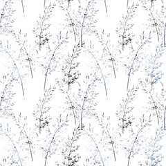 Seamless vector pattern featuring delicate wild grass silhouettes in black and navy tones on a white background. Perfect for contemporary fabric prints, wallpapers, and bold surface designs