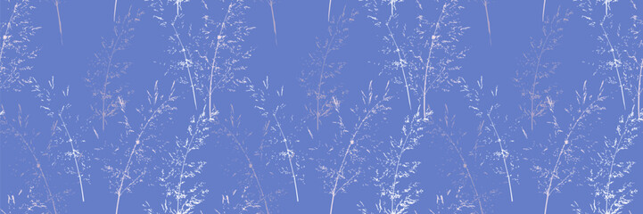 Seamless vector pattern with delicate botanical stems and fine branches on a muted blue background. Elegant and minimalistic nature ornament design for textiles, wallpapers, packaging, stationery