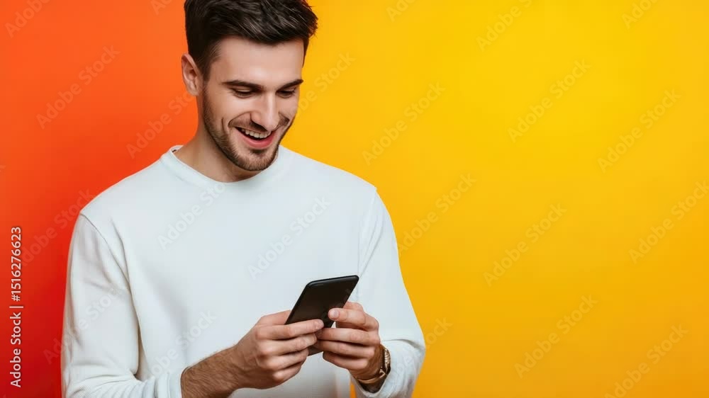 Poster a man smiles while checking his mobile device