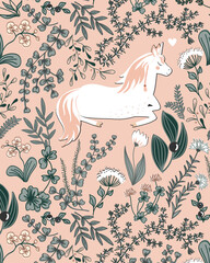 Vintage cartoon illustration with cute wild flowers and herbs and sleeping unicorn inside. Doodle floral dark background. Vector.