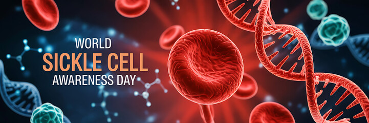 World Sickle Cell Awareness Day Banner: Red blood cells and DNA strands, scientific illustration