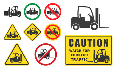 Caution, watch for forklift traffic sign symbol. Logistic warning forklift truck logo icon. Safety Unloading, cargo and boxes. Warehouse machine. Vector illustration. Isolated on white background. © frank