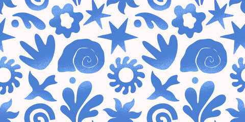 Summer tropical seamless pattern with hand drawn nature organic elements:palm,sun,coral,seashell,bird,wave.Trendy background for banners,smm,branding,textile,covers,prints.Summer vacation aesthetic