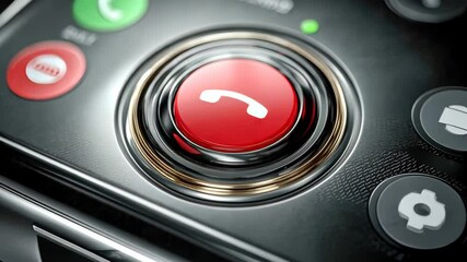 Close-up of a red call end button on a glossy control panel with surrounding icons in a high-tech interface