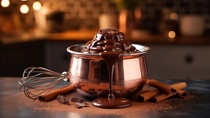Delicious melted chocolate dessert in copper bowl with cinnamon sticks and whisk on rustic kitchen countertop