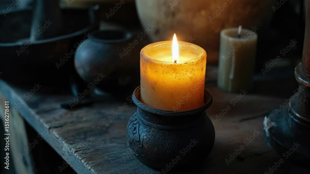 Poster a lit candle sits atop a rustic wooden table, perfect for adding ambiance to any setting