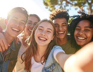 Group of joyful teenagers taking a selfie outdoors