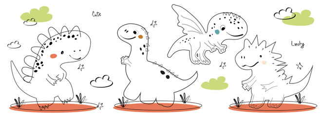 Set of cute little Dinosaurs. Children's card with cute dinosaurs in line style. Dino baby illustration in naive style for coloring book