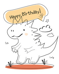 Dinosaur vector funny birthday card. Children's card with cute dinosaurs in line style. Dino baby illustration in naive style for coloring book