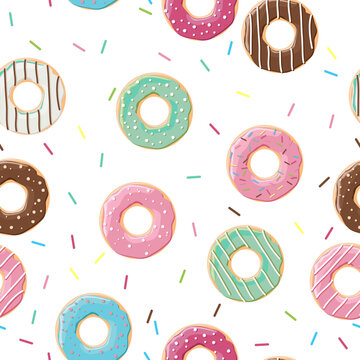 patron de donas y roscquilas de distintos colores sobre fondo blanco