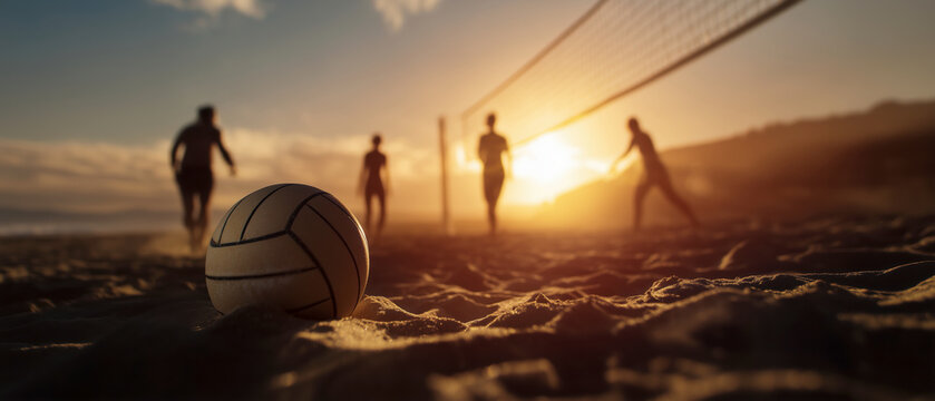 Beach volleyball match at sunset sports event outdoor fun