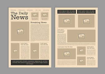 Graphical layout newspaper template. Editable magazine design or vintage old newspaper template