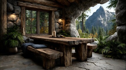 A country cabin dining area with long wooden table, pendant lights, and forest scenery visible through large windows.