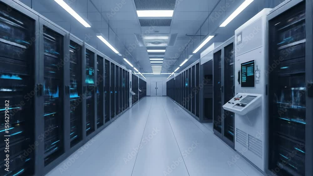 Poster a modern data center featuring rows of servers, efficiently designed with bright lighting and clean 