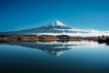 Mount Fuji and Lake Tanuki under a Clear Blue Sky, Fujinomiya, Japan