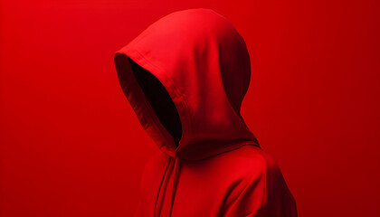 Anonymous person wearing red hoodie against red background. Faceless individual in hooded sweatshirt. Mysterious person, concealed identity, unknown secret. Minimalist fashion, simple design
