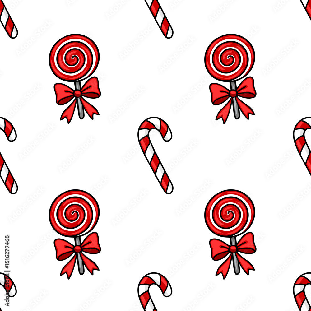 Poster seamless vector pattern featuring charming red and white lollipops with bows and candy canes, creati