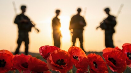 Soldiers standing at sunset with red poppies in foreground, remembrance day tribute, military honor, memorial symbolism, honoring fallen heroes in war