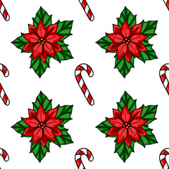 Seamless vector Christmas pattern featuring vibrant poinsettia flowers and candy canes, ideal for festive designs and holiday wrapping paper.