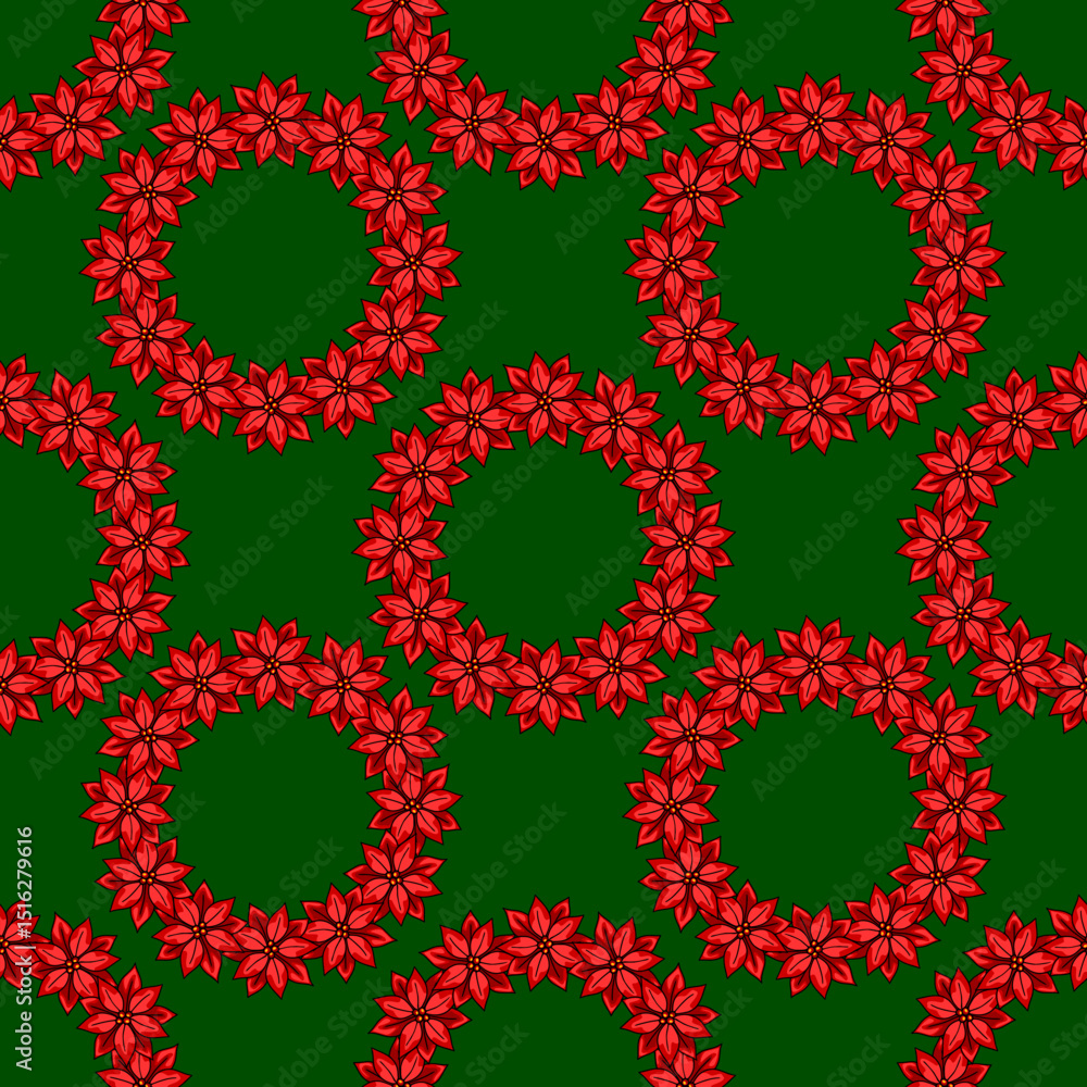 Poster seamless vector pattern of red poinsettia flowers arranged in circular wreaths on a deep green backg