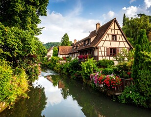 Obraz premium Picturesque European village by a river