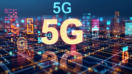5G network technology, futuristic cityscape overlay - Powered by Adobe