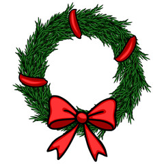 Festive Christmas vector wreath illustration with a vibrant red bow and stylized pine branches, perfect for holiday designs.