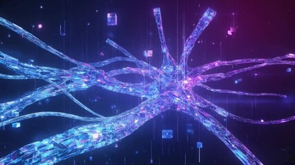 Futuristic 3D network AI algorithm blocks interconnected liquid light data streams, dynamic glow learning feedback loops, smooth flythrough, dark high tech colors in electric blue and purple - Powered by Adobe