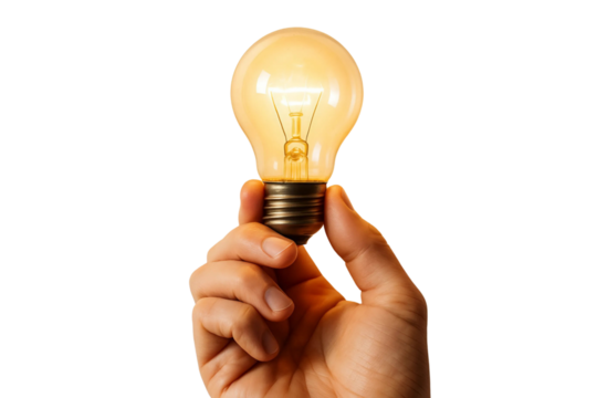 Hand holding glowing light bulb isolated on transparent background