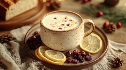 Latte in a warm-toned cup set on a plate with lemon loaf slices and dried cranberries