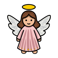Adorable vector illustration of a Christmas angel with detailed wings, a pink dress adorned with stars, and a golden halo, perfect for festive designs.