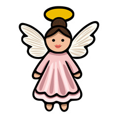Adorable vector illustration of a cute angel girl with pink dress and beige wings, perfect for Christmas cards or childrens book illustrations.