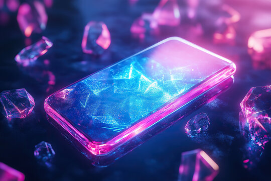 Silhouette of modern smartphone with frozen pattern on the screen lies on blue background surrounded by ice cubes. Concept of modern technologies. - Powered by Adobe