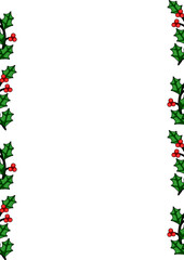 Festive Christmas vector border design featuring a repeating pattern of holly leaves and red berries, ideal for holiday cards, invitations, or festive backgrounds.