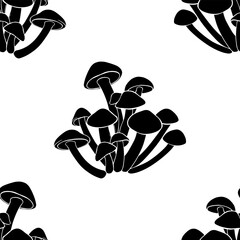 Mushrooms, honey agaric. Seamless vector pattern, black silhouettes on white. Hand drawn illustration. Perfect for design templates, wallpaper, wrapping, fabric, print and textile. 
