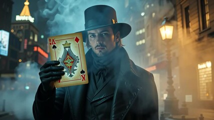 Mysterious man in black hat holding glowing card in foggy alley with soft blue lighting. Concept of street magic and mystery - Powered by Adobe