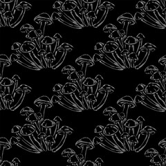 Mushrooms, honey agaric. Seamless vector pattern, white contours on black. Hand drawn illustration. Perfect for design templates, wallpaper, wrapping, fabric, print and textile. 