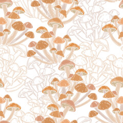 Mushrooms, honey agaric. Seamless vector pattern, colored silhouettes and contours on white. Hand drawn illustration. Perfect for design templates, wallpaper, wrapping, fabric, print and textile. 