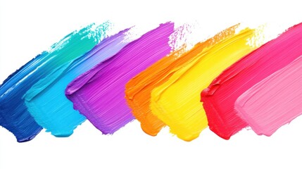Rainbow paint strokes arranged in diagonal stripes over a white background with textured brushwork