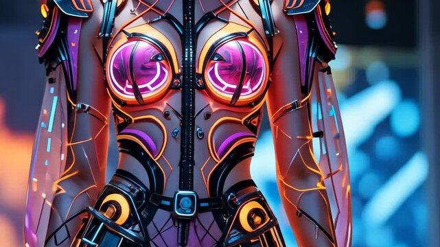 Close-up of futuristic cyber armor with glowing neon elements and mechanical parts, sci-fi design focus. Concept of advanced technology and robotics