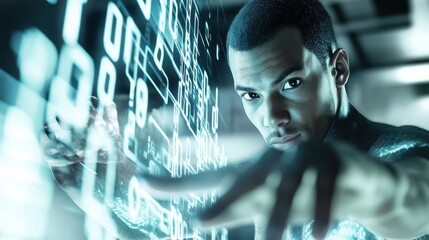 Multiracial athletic man checking his biological age ranking on a futuristic holographic leaderboard