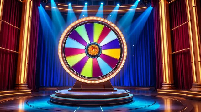 Colorful spinning wheel of fortune on bright stage with blue curtains and dramatic lighting. Concept of entertainment and chance