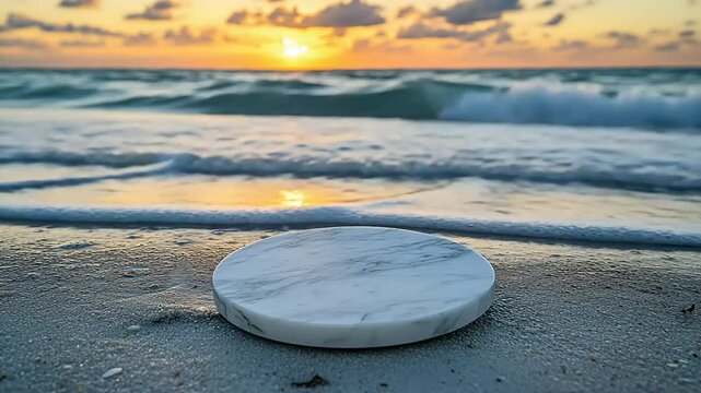 Marble platter on beach at sunrise