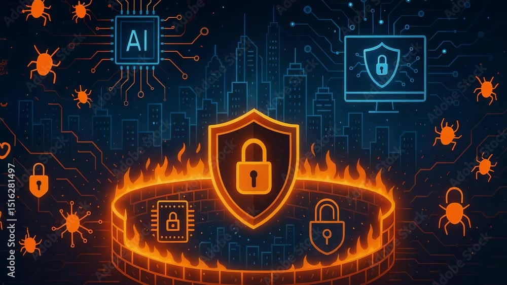 Poster visual representation of cybersecurity with artificial intelligence: a futuristic cityscape surround