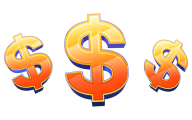 Three shiny 3D dollar signs with orange and yellow gradient