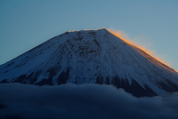Mount Fuji Close Up with Glowing Sunrise, Tanuki Lake, Fujinomiya, Japan