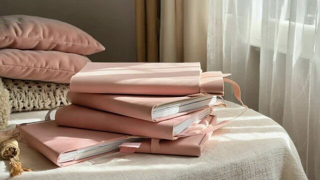 Pink notebooks stacked on a round table with pink pillows in the background near a window