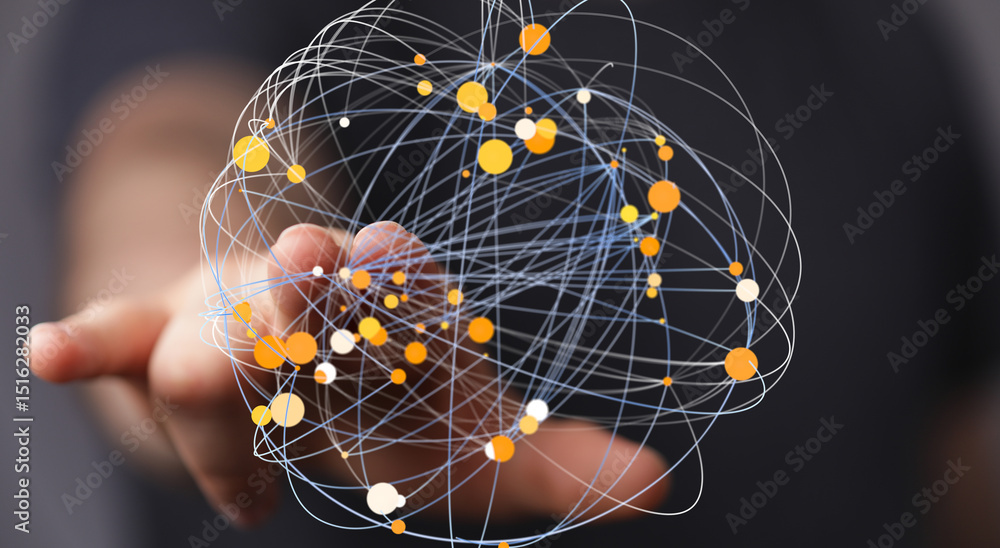 Fototapete abstract image of a hand interacting with a digital network sphere, representing global connection a